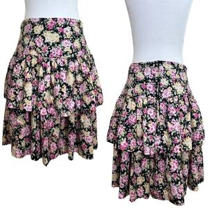 Laura Ashley - Vintage Floral Tiered Skirt, 80’s, 90s - Black, Size 12 US, 14 UK